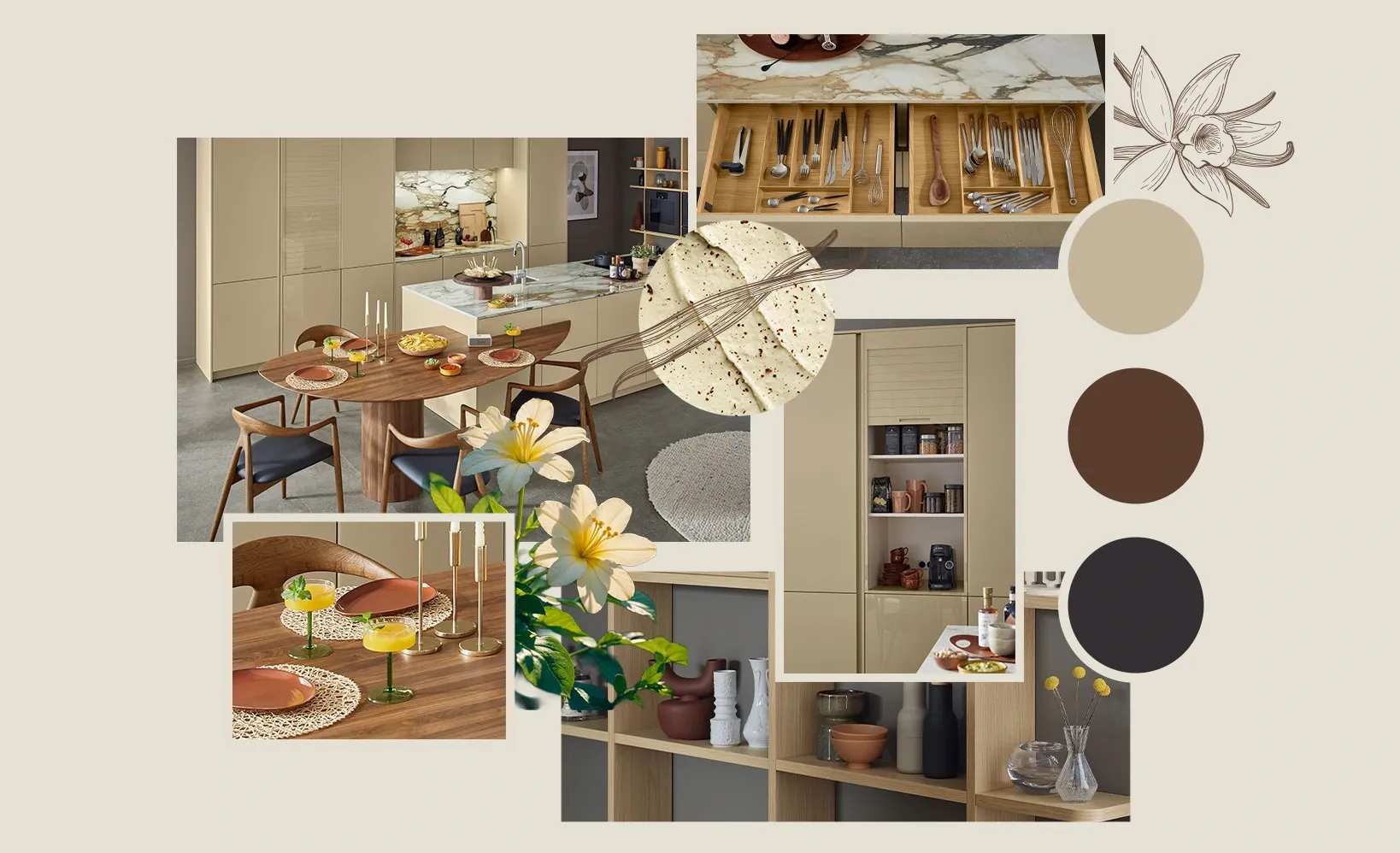 Moodboard zur Küche Vanilla Sky: Collage mit Inspirationsfotos, Blüten, Materialproben und Farbpalette in Sand-, Crème- und Brauntönen