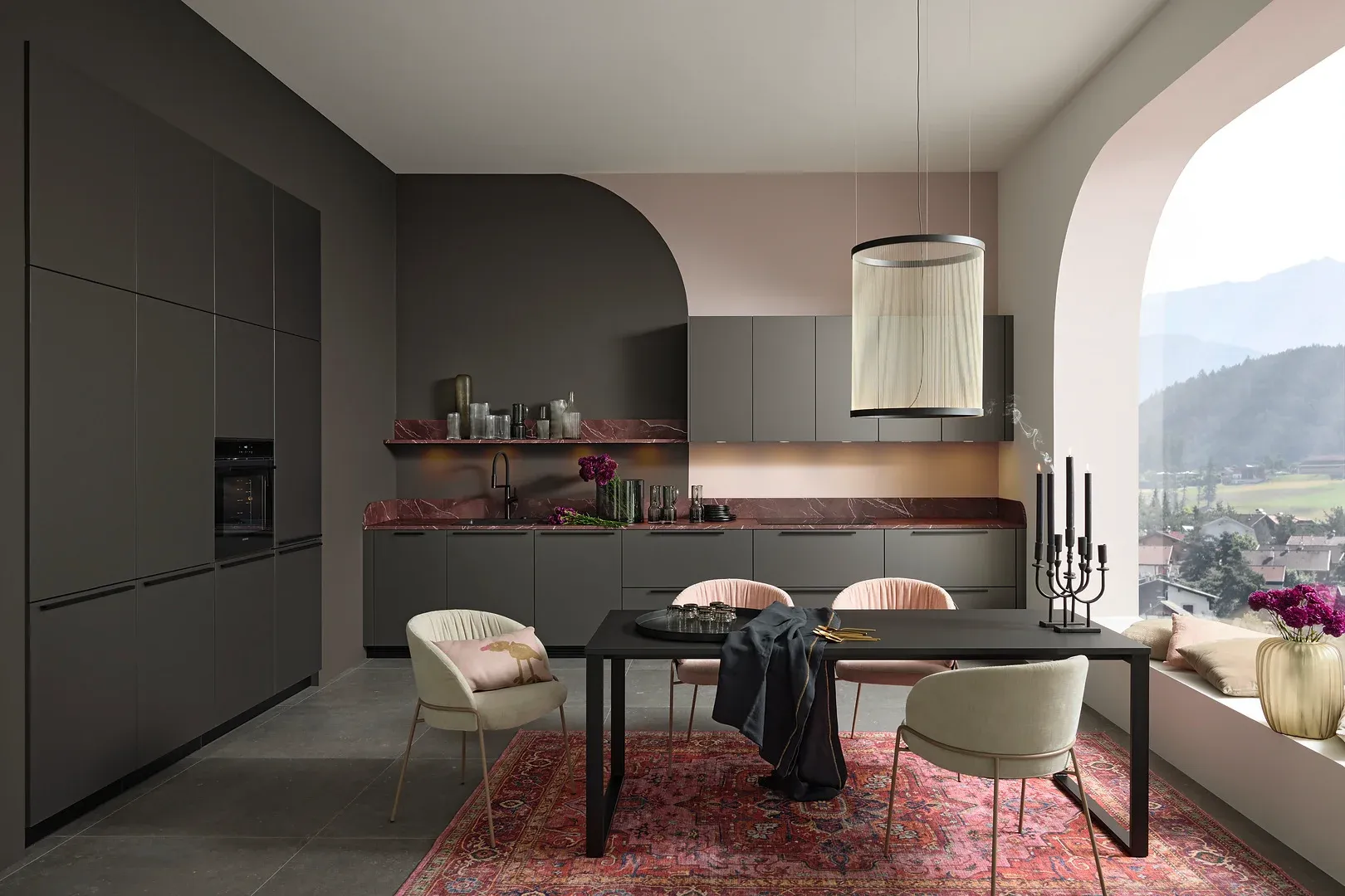 NOLTE Küche Pearl Umbra Metallic – Gesamtansicht moderne Küche mit Red Marble Arbeitsplatte