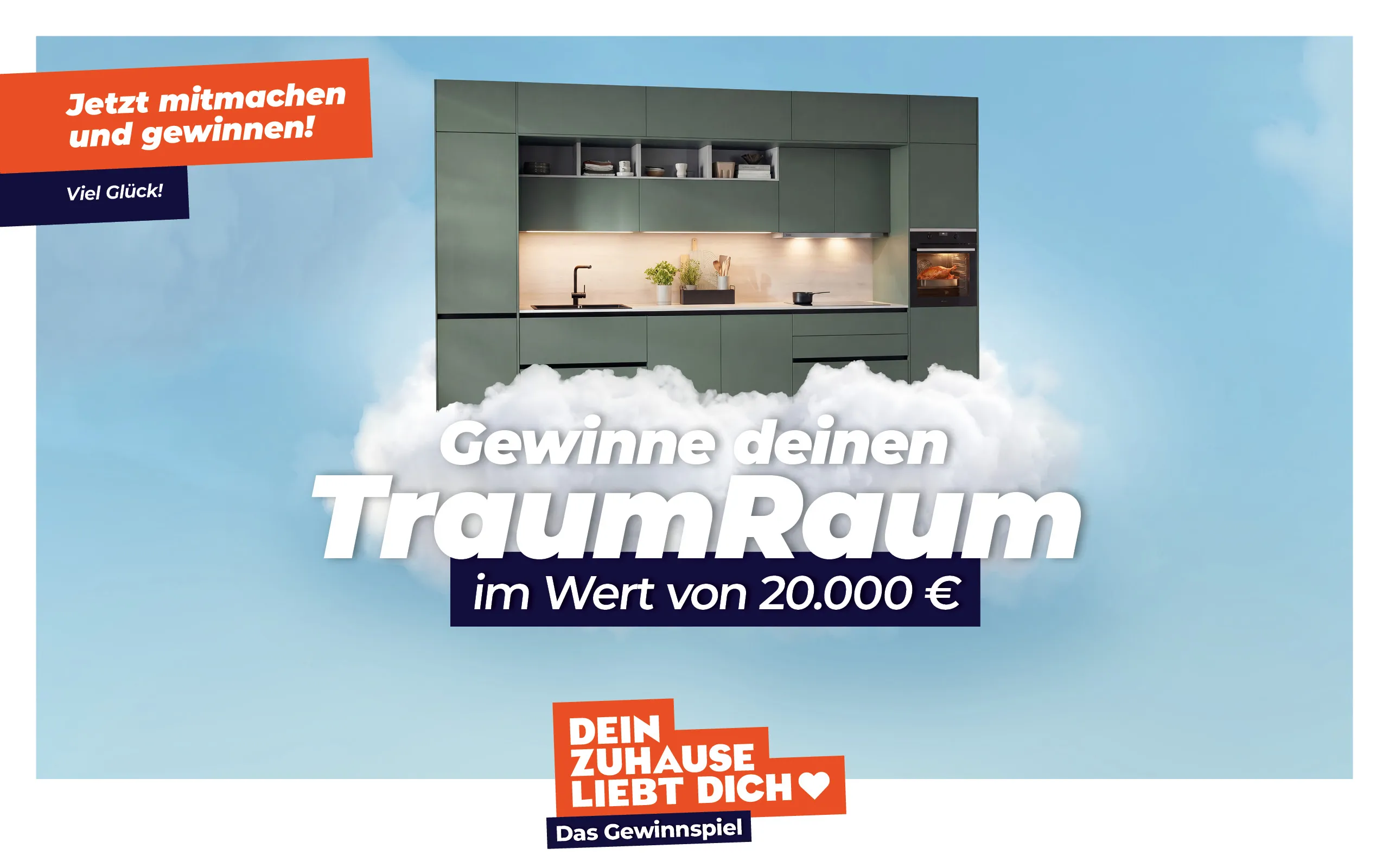 Gewinne deinen TraumRaum im Wert von 20.000 € — Das Gewinnspiel: Küche schwebt auf einer Wolke vor blauem Himmel