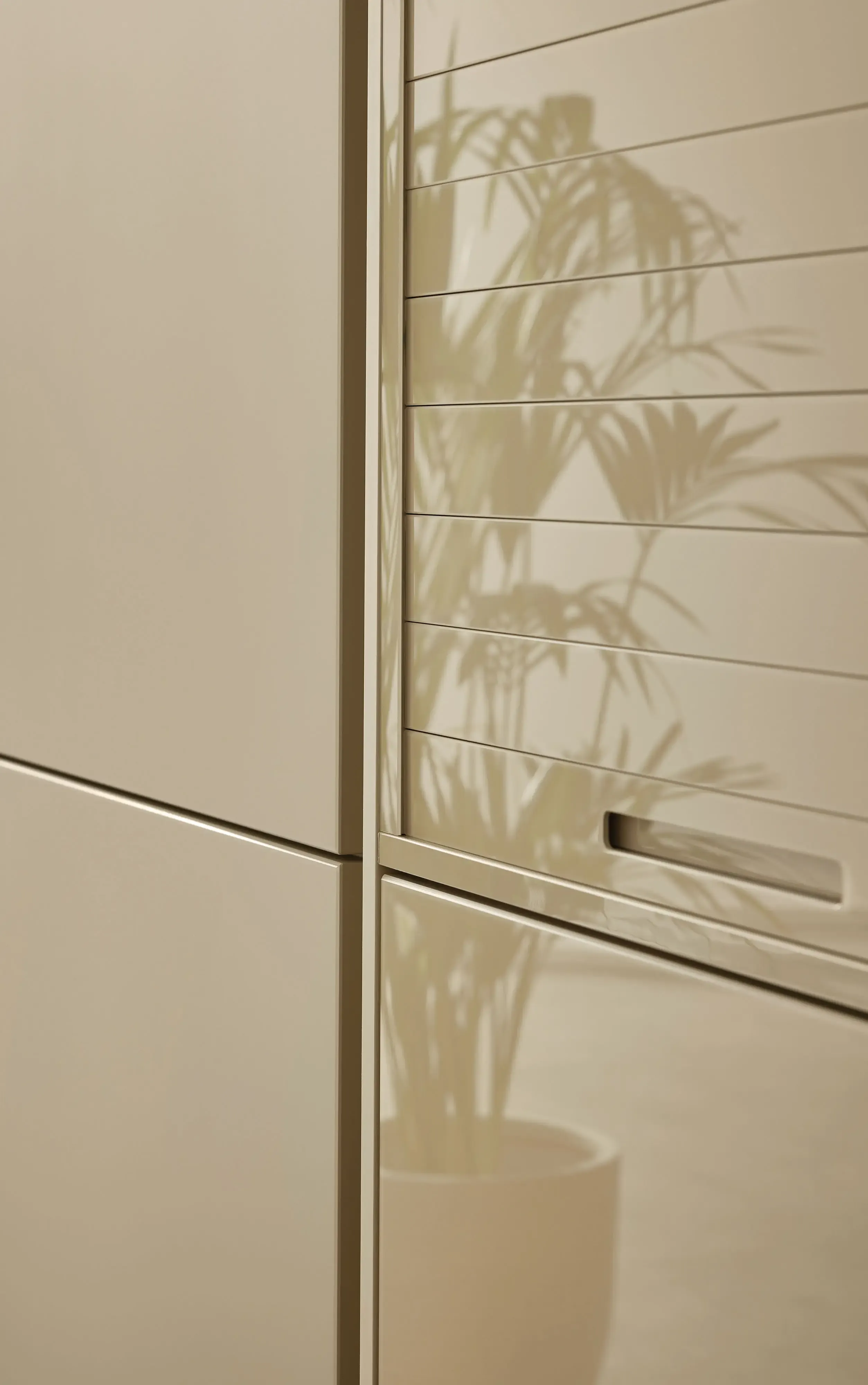Grifflose Küchenfront in Sandbeige mit Griffleisten und weichem Pflanzen-Schattenspiel